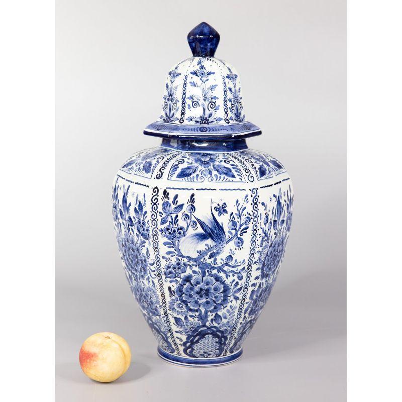 Large Vintage Dutch Delft Faience Chinoiserie Lidded Bird Vase 1
