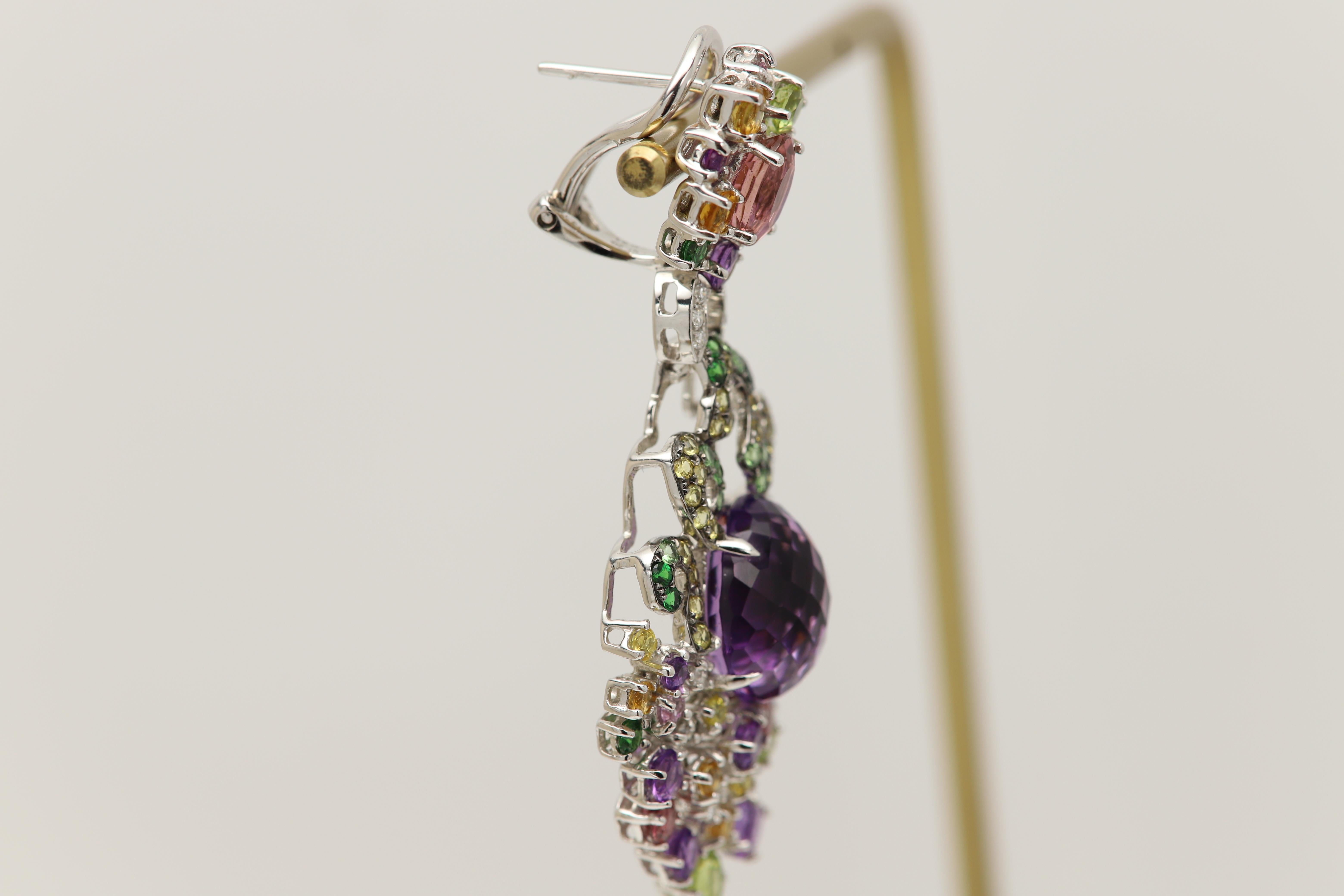Large Vintage Earrings Natural Gemstones 18 Karat Gold Chandelier Earring For Sale 6