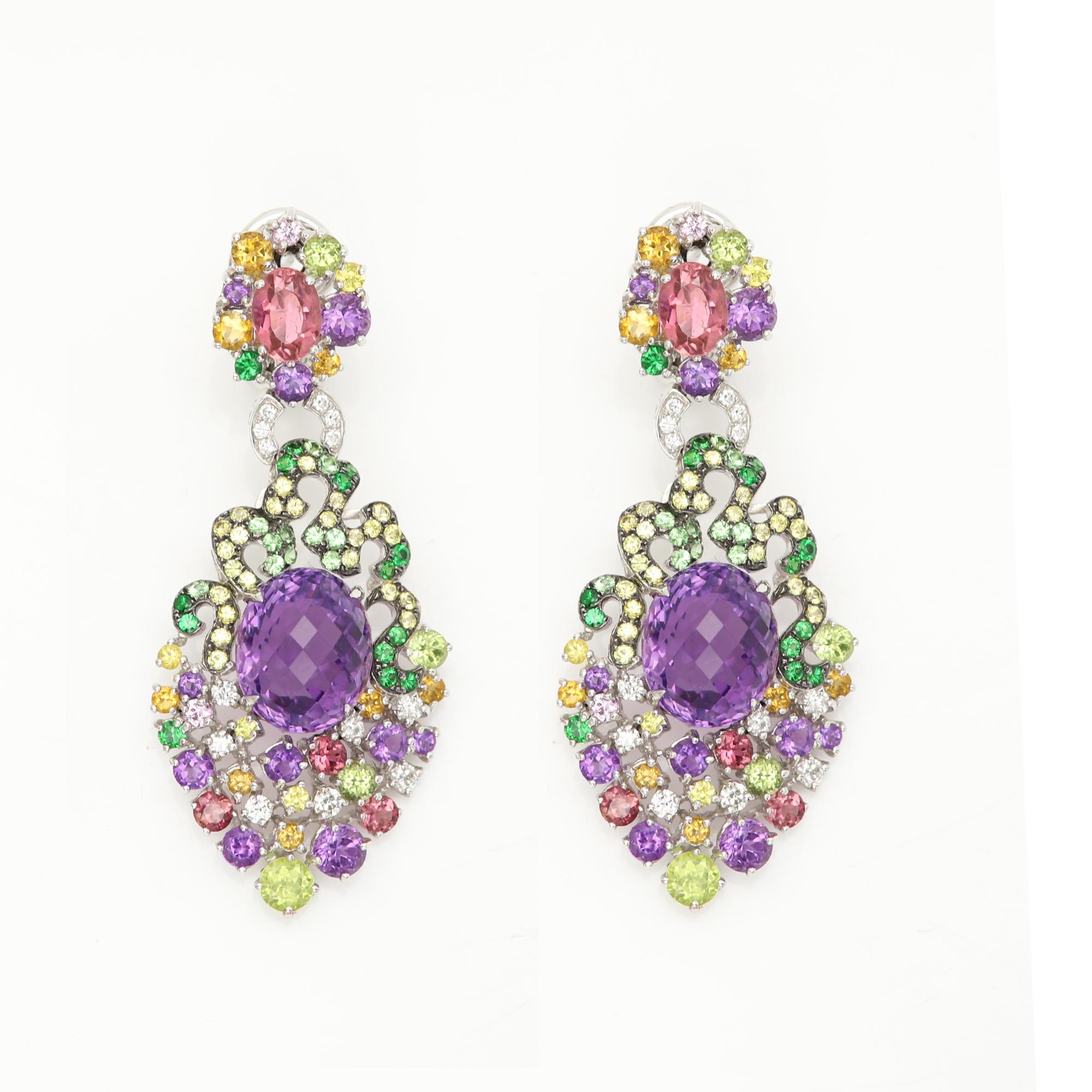 Large Vintage Earrings Natural Gemstones 18 Karat Gold Chandelier Earring For Sale 1
