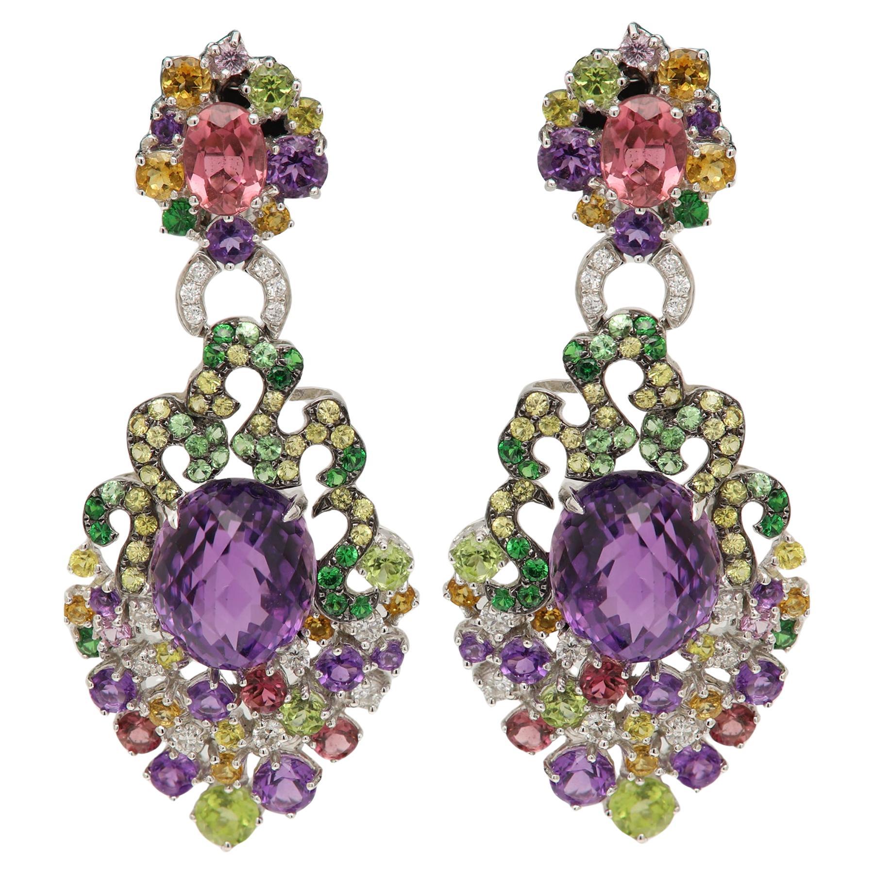 Large Vintage Earrings Natural Gemstones 18 Karat Gold Chandelier Earring For Sale