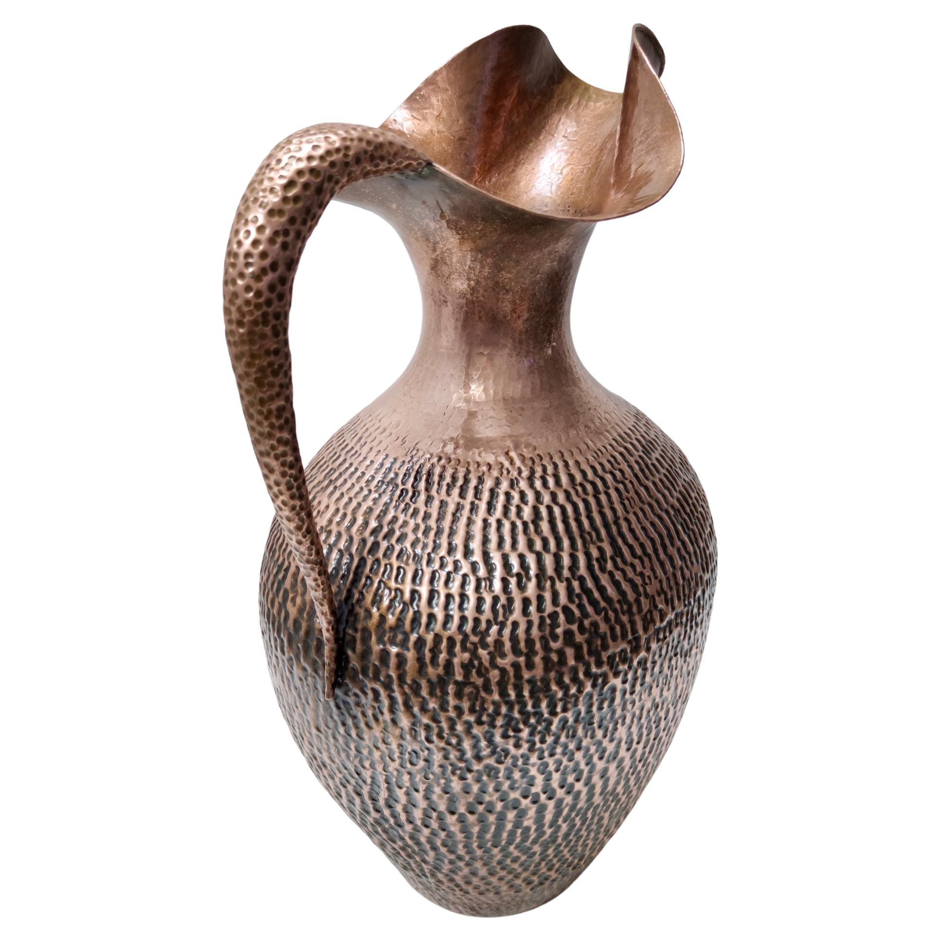 Large Vintage Embossed Copper Pitcher Vase by Egidio Casagrande, Italy For Sale