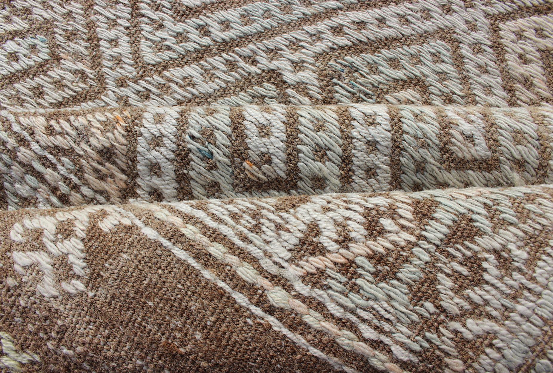 Hand-Knotted Large Vintage Embroidered Flat-Weave in Ivory and Brown with Geometric Design For Sale