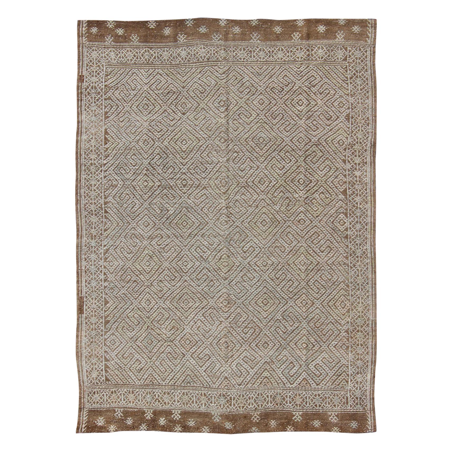 Large Vintage Embroidered Flat-Weave in Ivory and Brown with Geometric Design