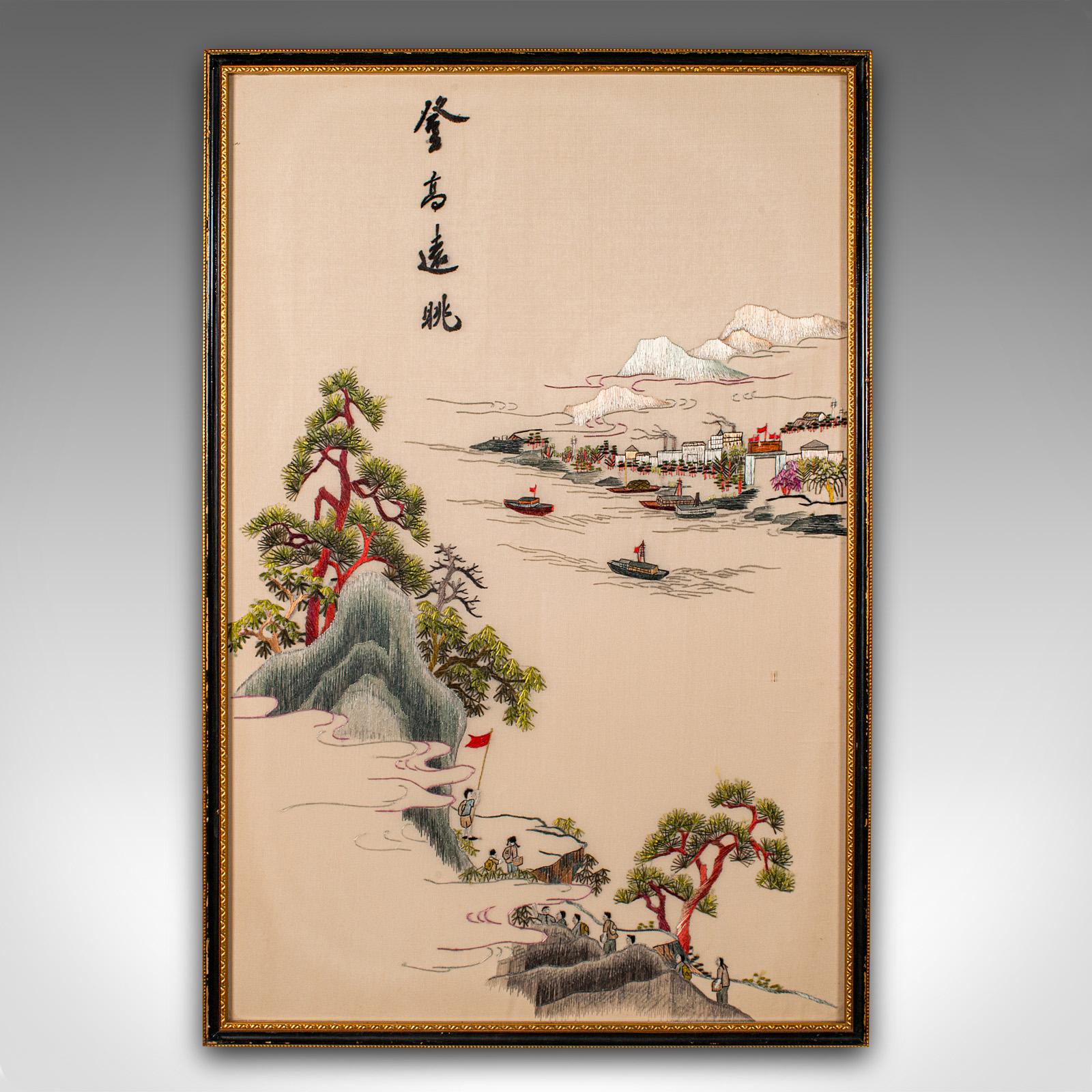 
This is a large vintage embroidered panel. A Korean, silk cotton and paper decorative scene, dating to the Art Deco period, circa 1930.

Fascinating example of embroidered Korean Art Deco
Displaying a desirable aged patina throughout
Silk cotton