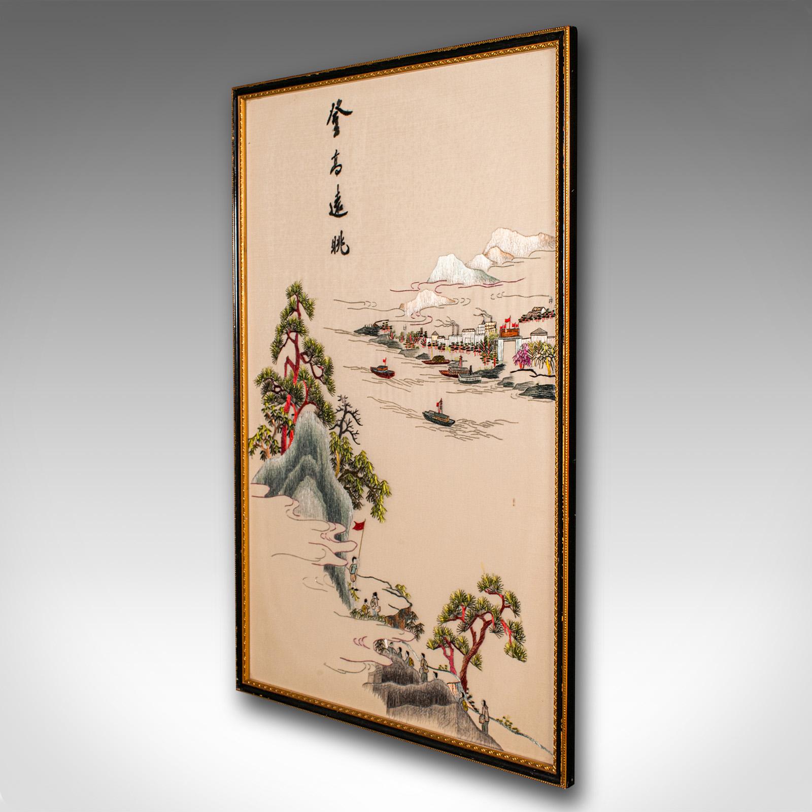 Large Vintage Embroidered Panel, Korean, Silk Cotton, Paper, Decor, Art Deco In Good Condition In Hele, Devon, GB