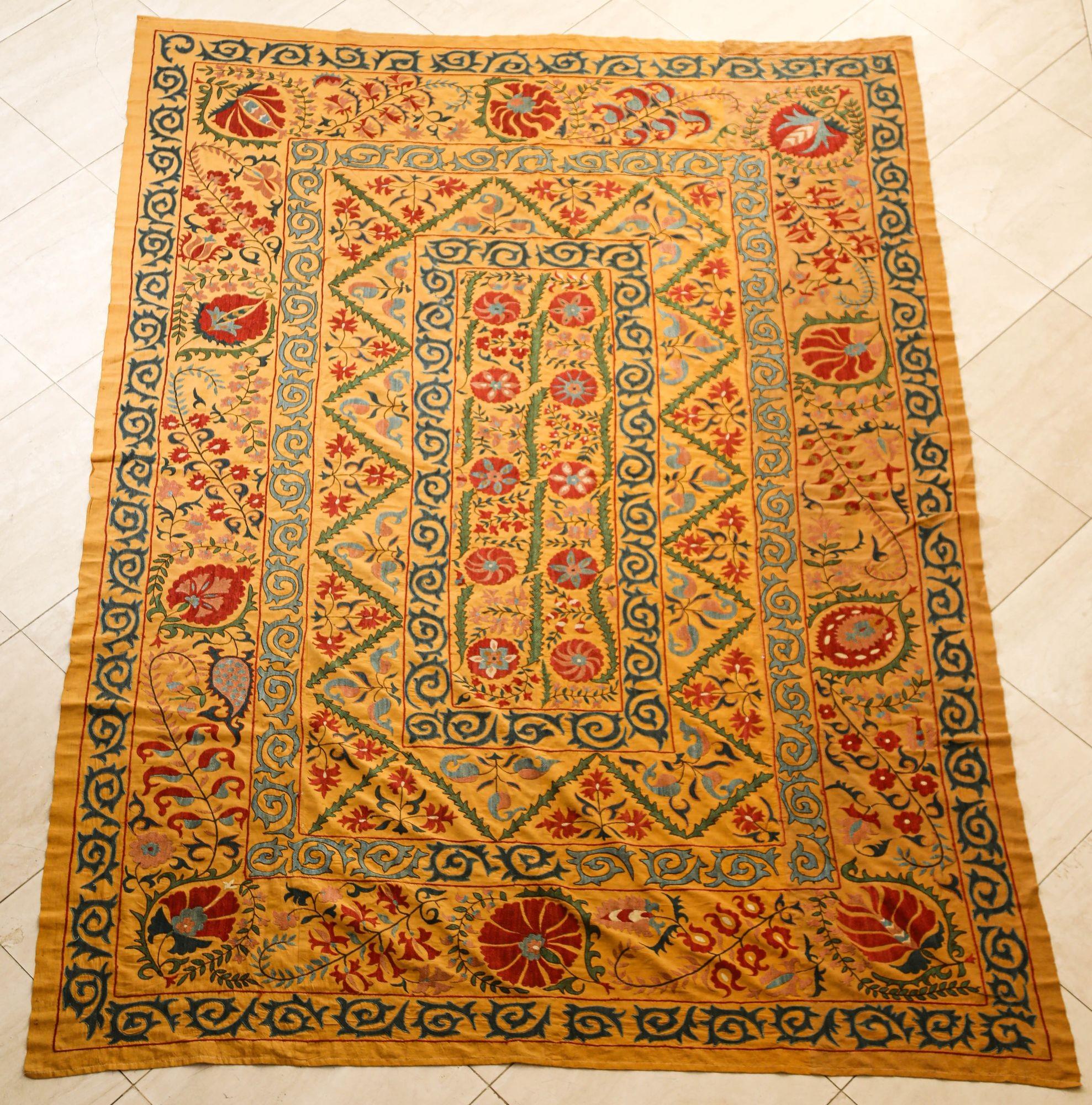 Large Vintage Embroidered Uzbek Suzani Yellow Blue Red For Sale 4