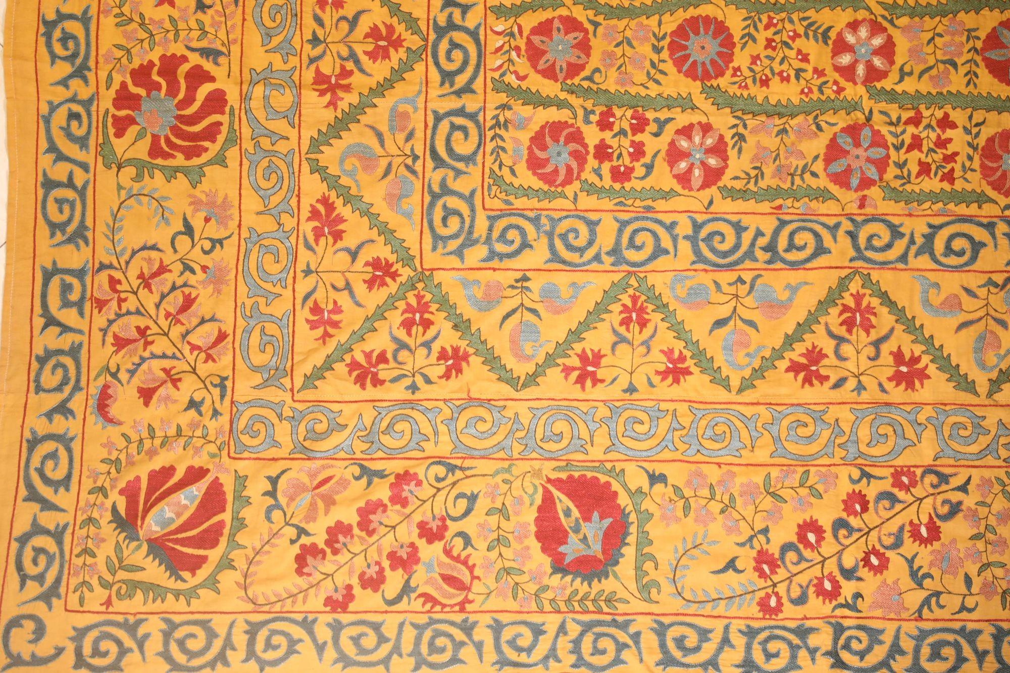 Large Vintage Embroidered Uzbek Suzani Yellow Blue Red For Sale 5