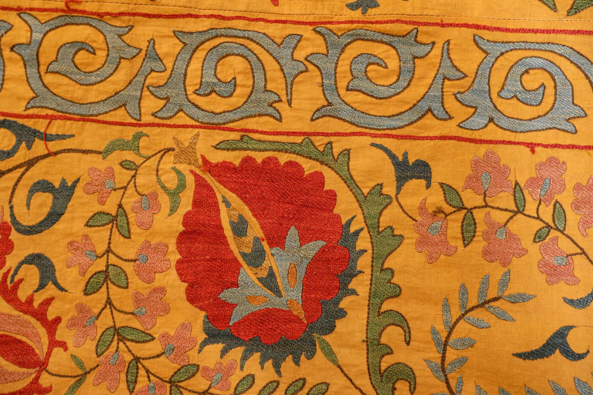 Large Vintage Embroidered Uzbek Suzani Yellow Blue Red For Sale 6