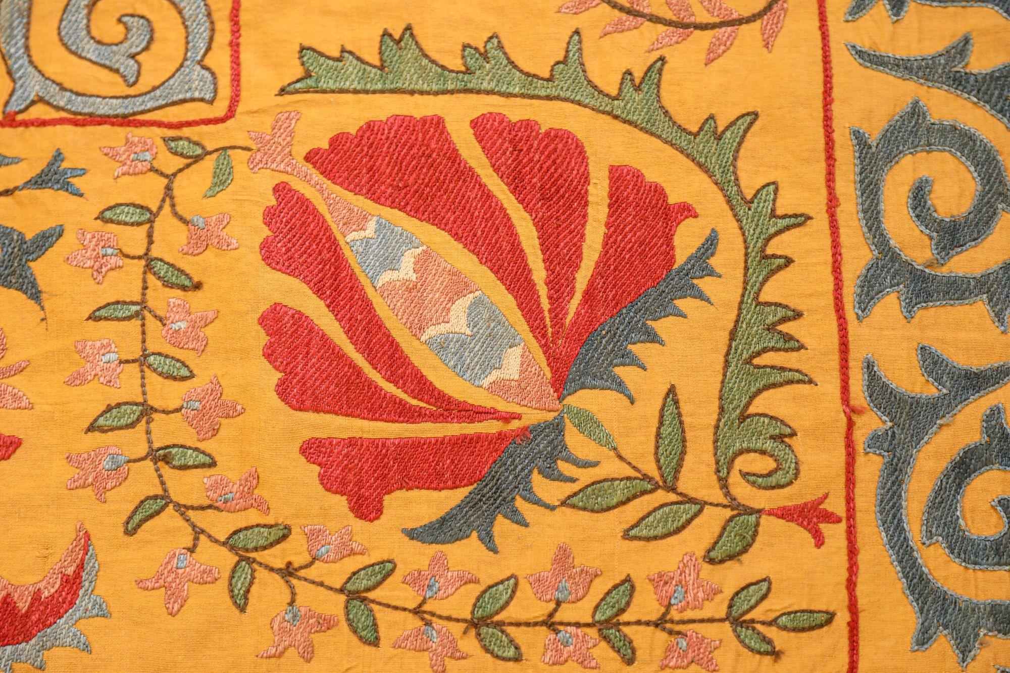 Large Vintage Embroidered Uzbek Suzani Yellow Blue Red For Sale 8