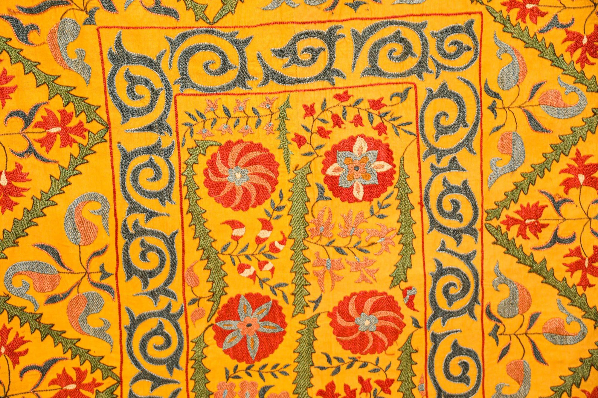 Large Vintage Embroidered Uzbek Suzani Yellow Blue Red For Sale 12