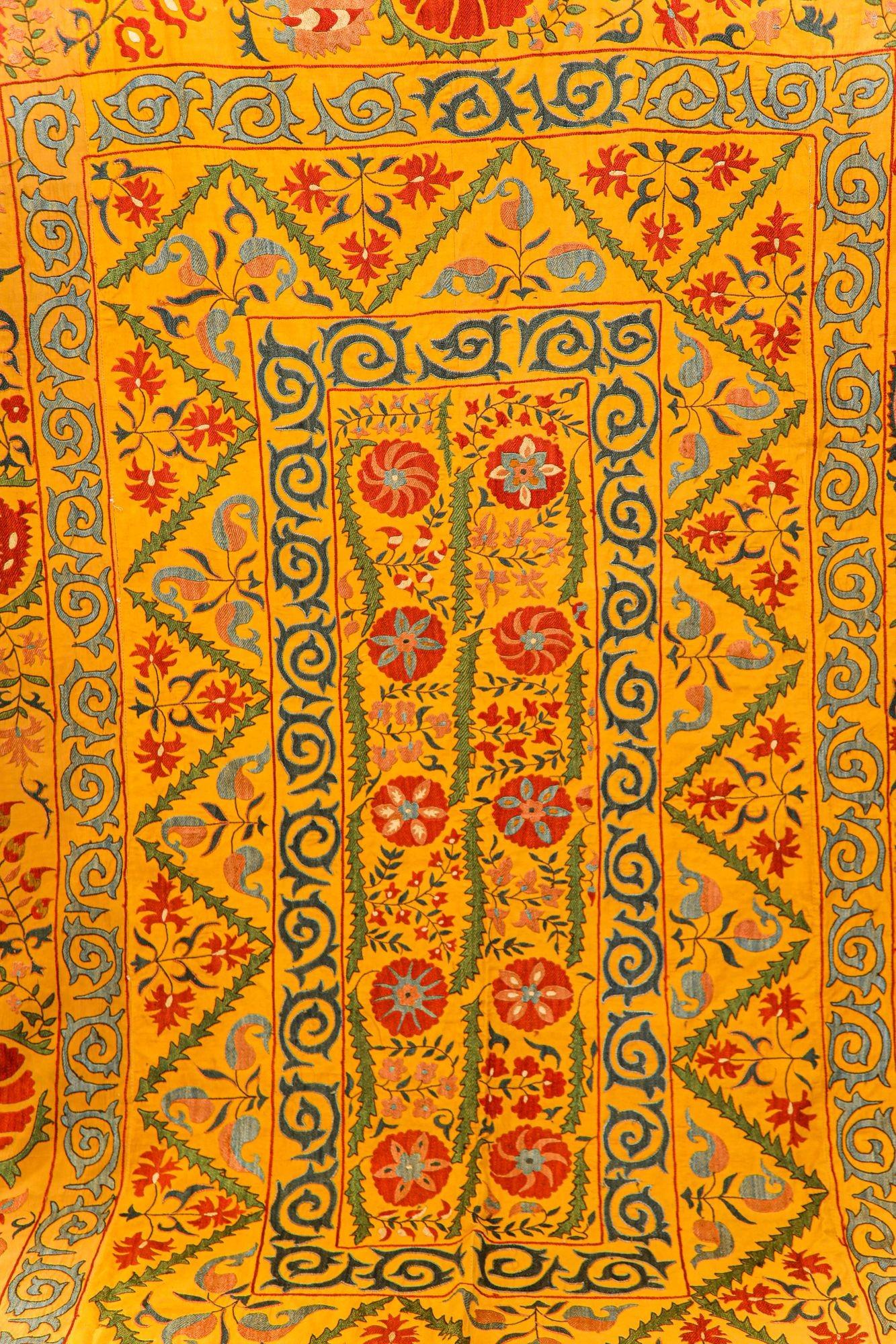 Islamic Large Vintage Embroidered Uzbek Suzani Yellow Blue Red For Sale