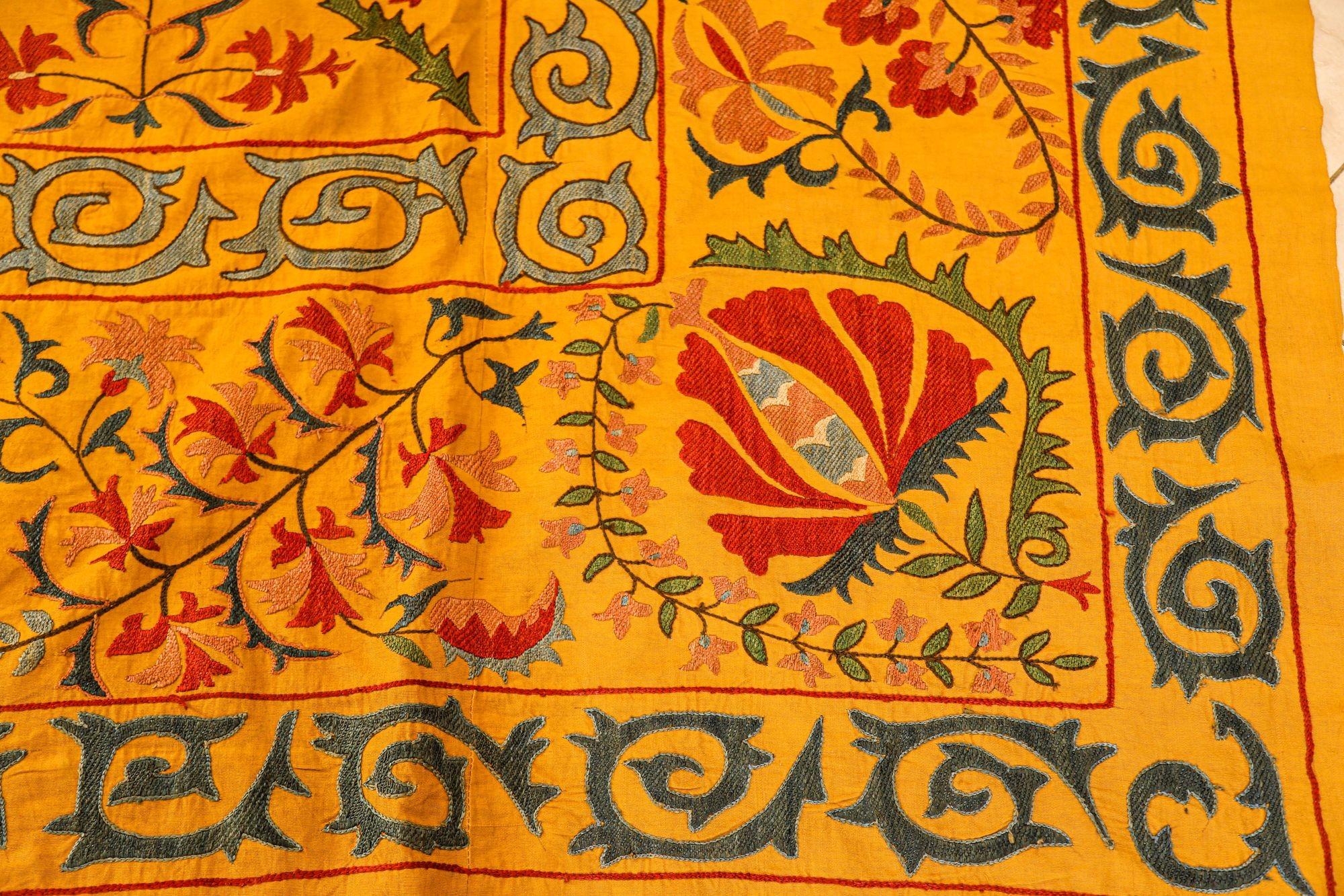 Hand-Crafted Large Vintage Embroidered Uzbek Suzani Yellow Blue Red For Sale