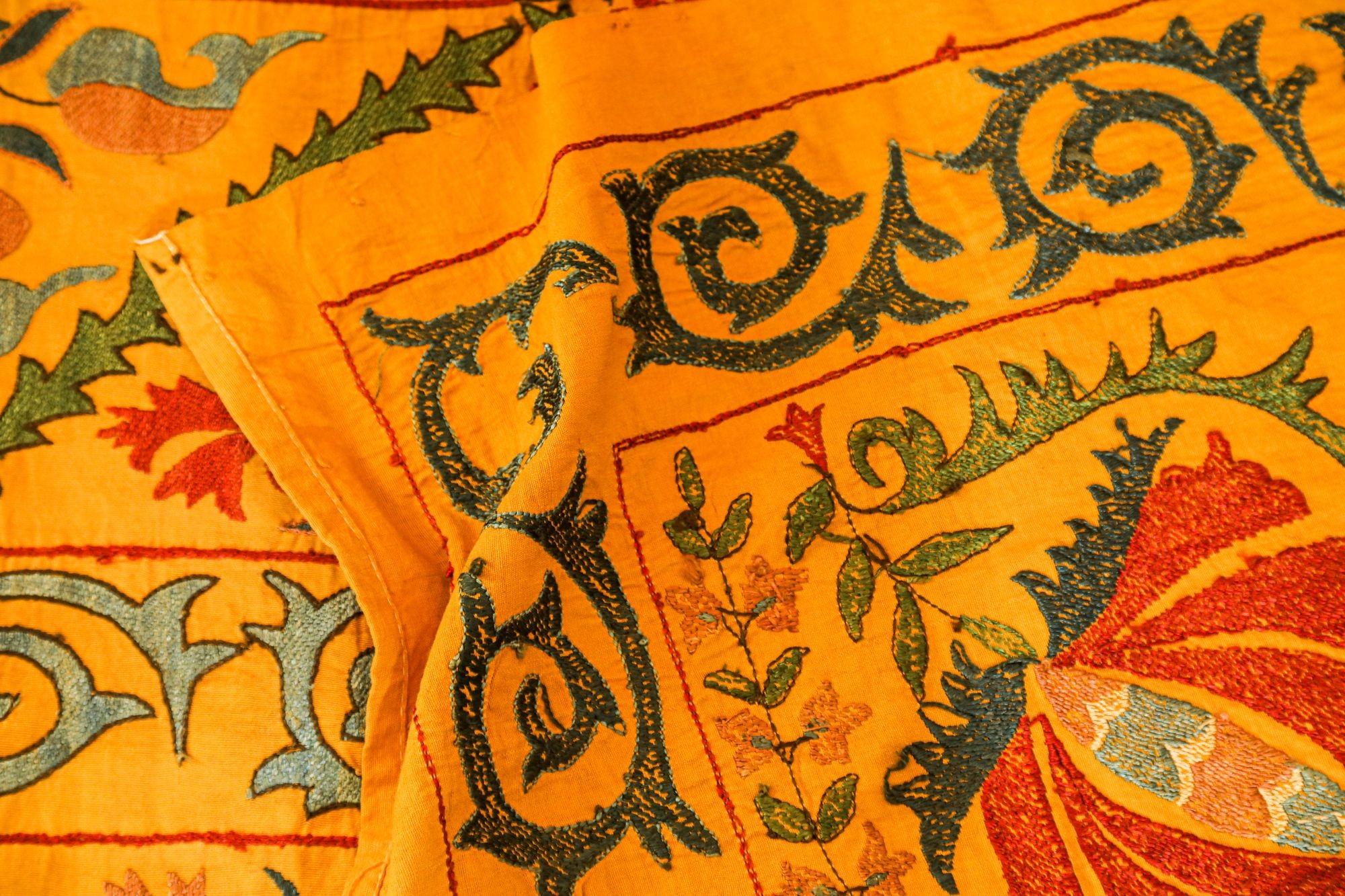 20th Century Large Vintage Embroidered Uzbek Suzani Yellow Blue Red For Sale