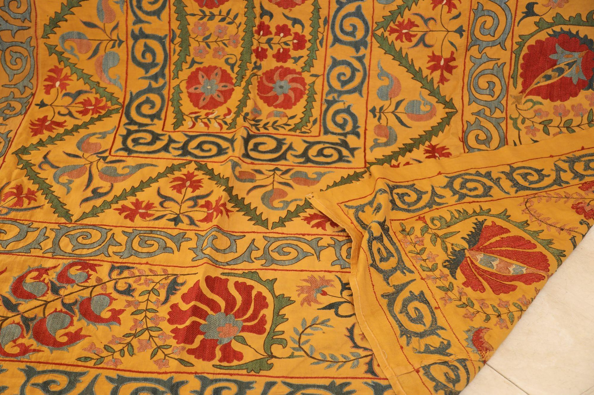 Cotton Large Vintage Embroidered Uzbek Suzani Yellow Blue Red For Sale