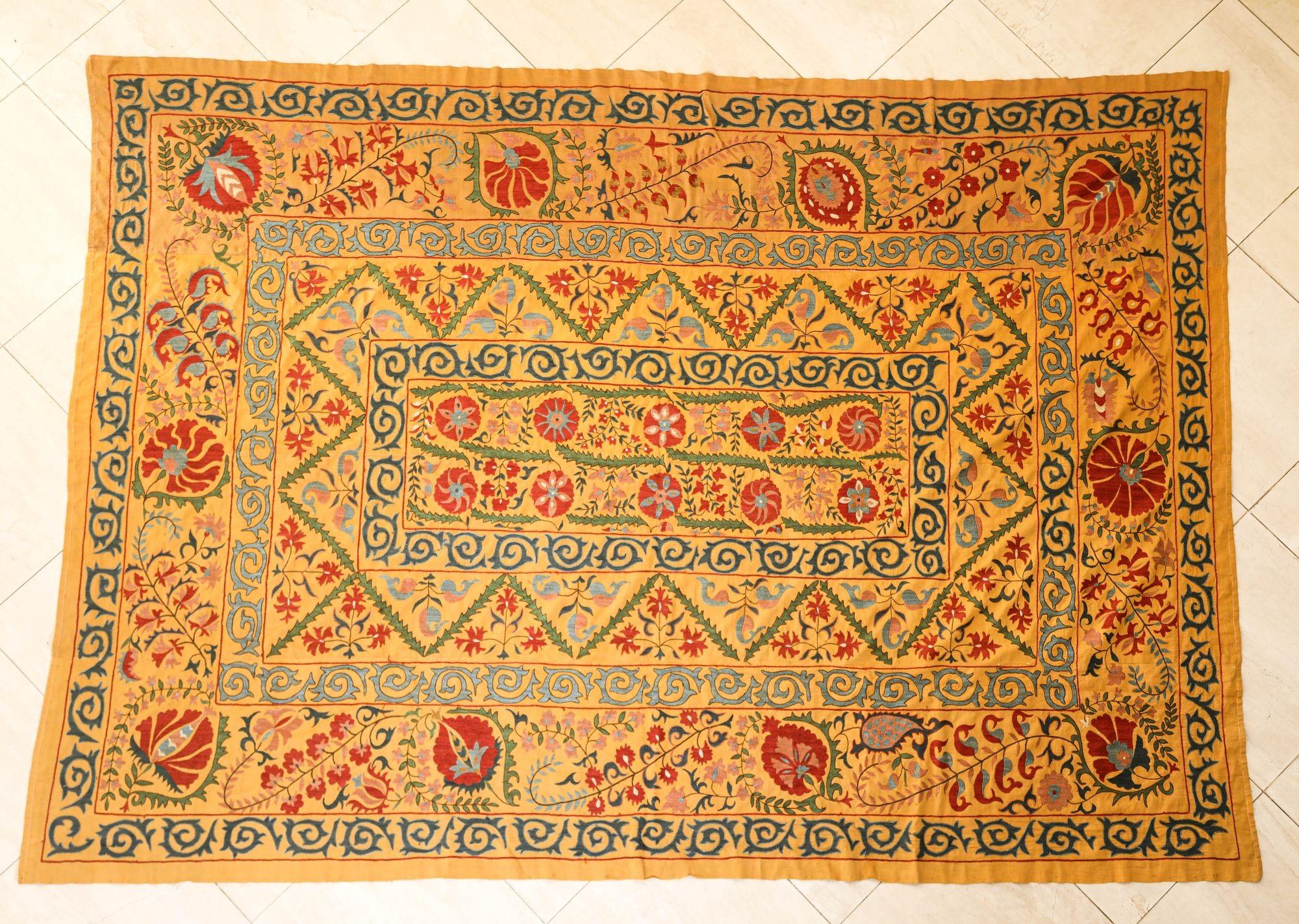 Large Vintage Embroidered Uzbek Suzani Yellow Blue Red For Sale 2
