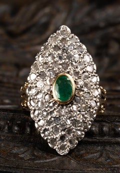 Large Vintage Emerald and Diamond Navette Gold Ring, Marquise Diamond Pave Ring