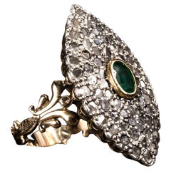 Large Vintage Emerald and Diamond Navette Gold Ring, Marquise Diamond Pave Ring