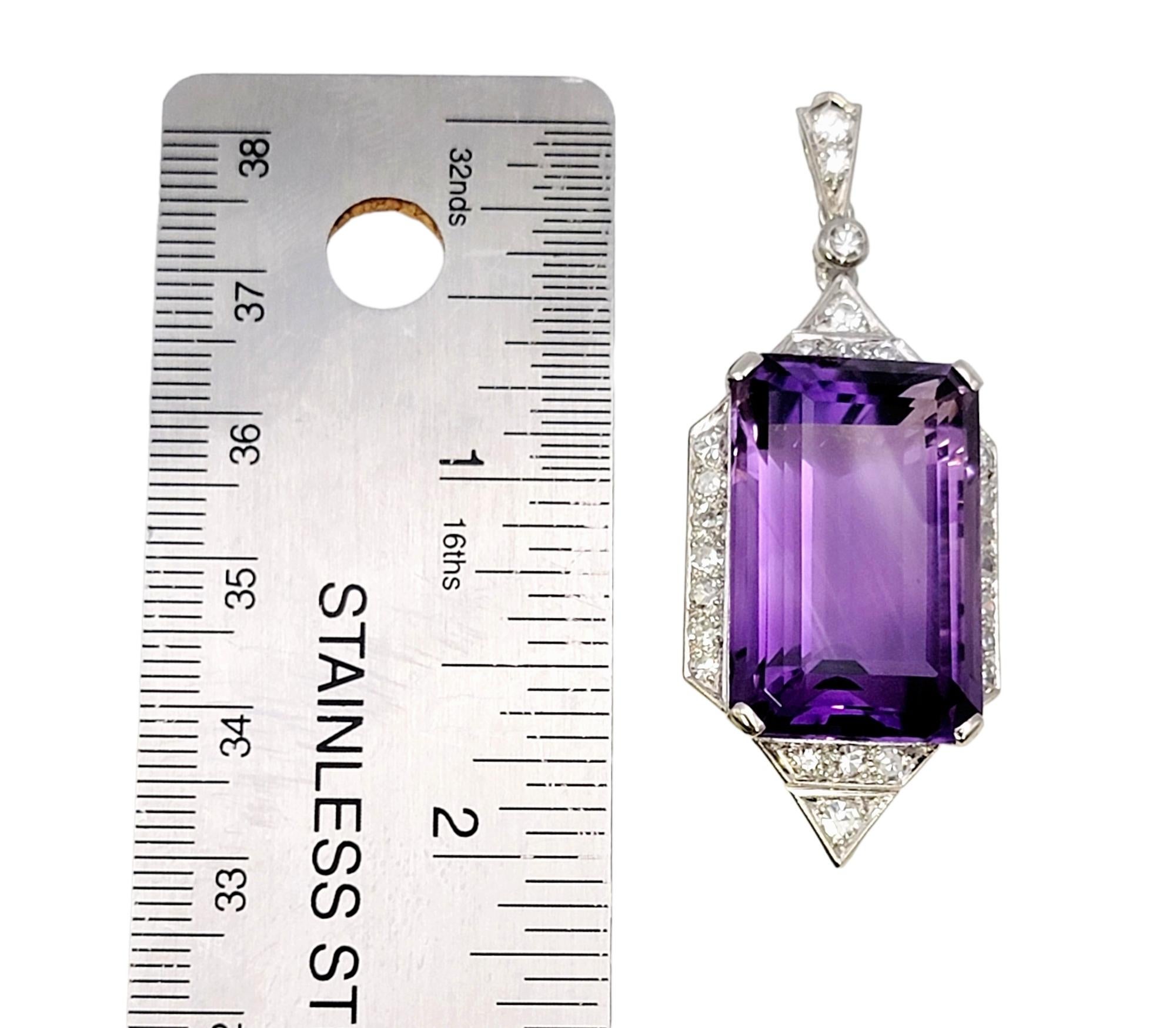 Grand pendentif vintage en platine avec améthyste taille émeraude et diamant à grains multiples en vente 9