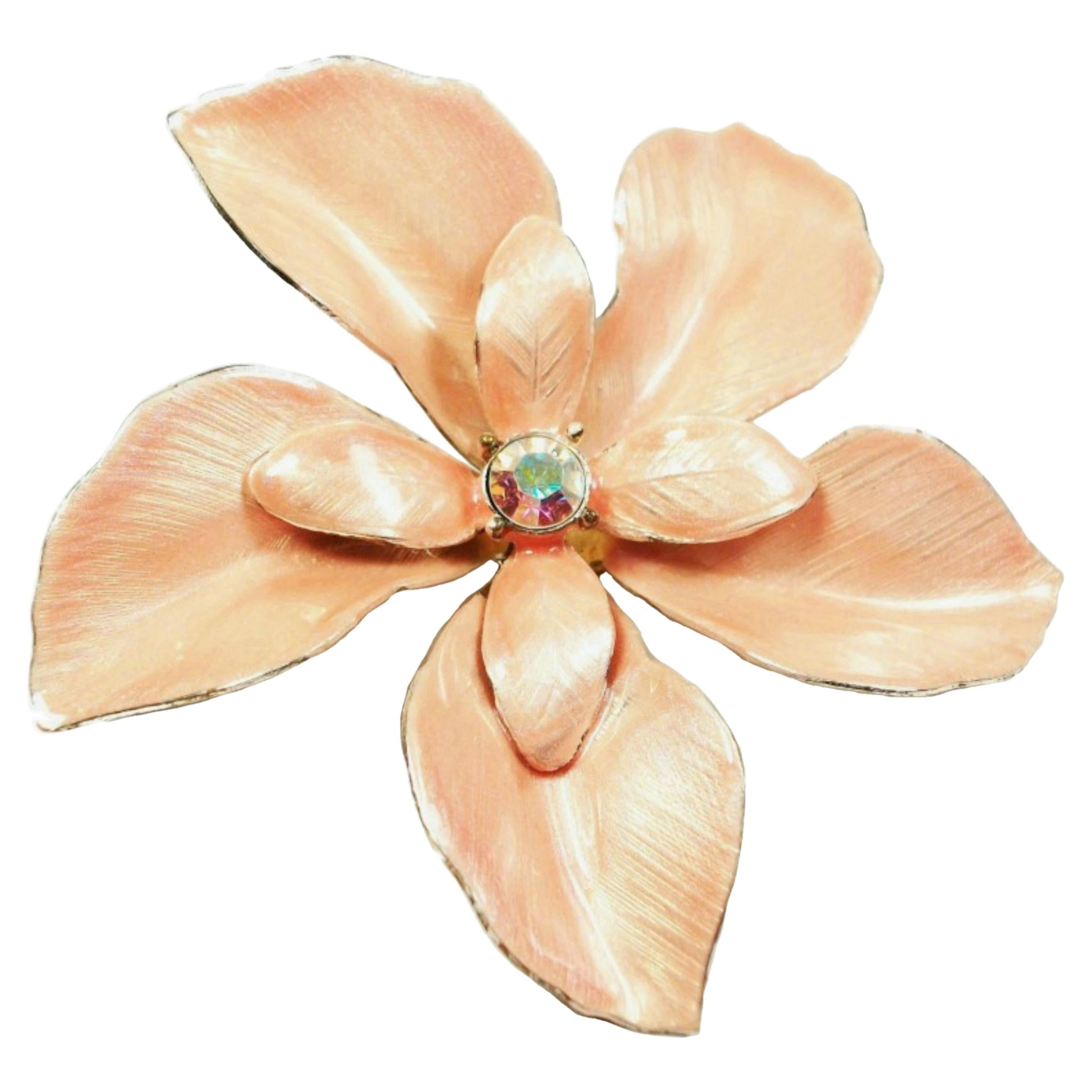 Grande spilla vintage a forma di fiore in smalto e strass - Non firmata - CIRCA 1975