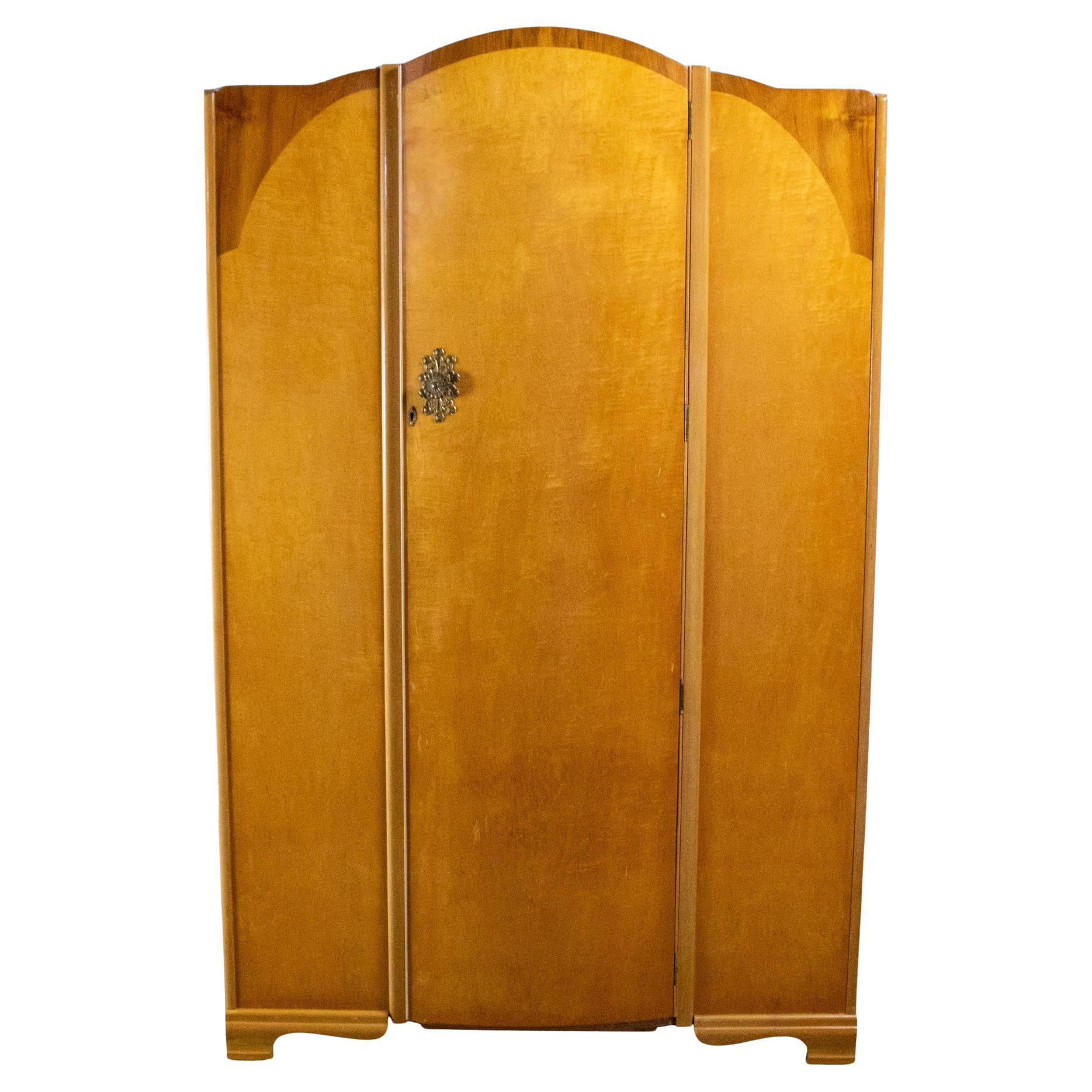 Large Vintage English & Art Deco Style Wardrobe Burled Maple & Walnut Frame