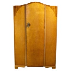 Large Vintage English & Art Deco Style Wardrobe Burled Maple & Walnut Frame