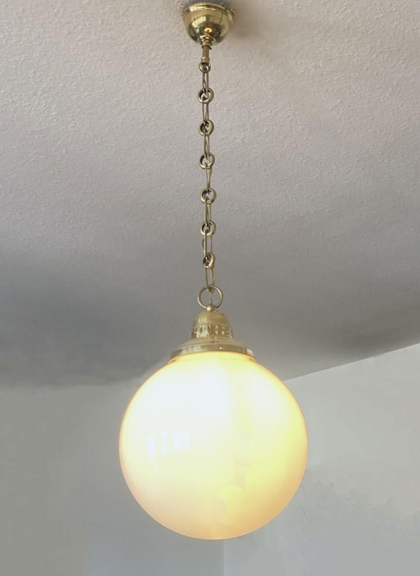 Large French Country House Brass Opaline Glass Pendant, circa 1950s For Sale 6