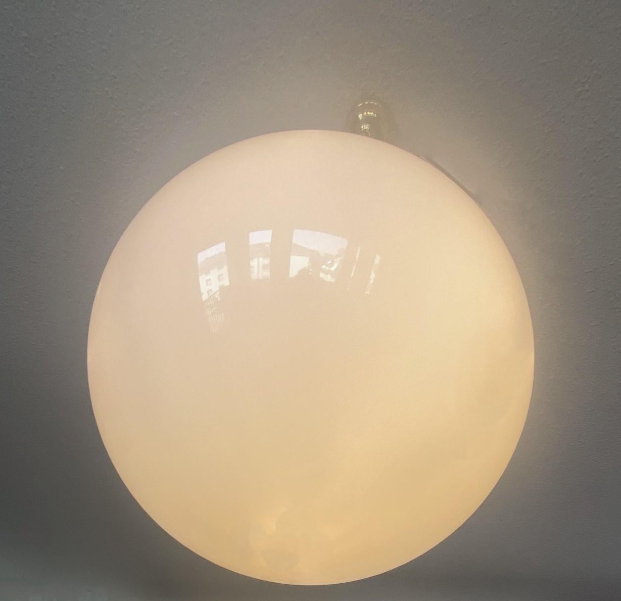 Large French Country House Brass Opaline Glass Pendant, circa 1950s For Sale 8