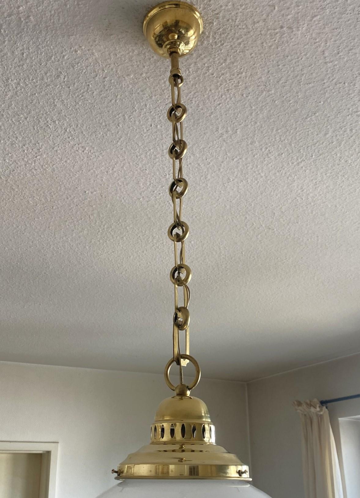 Large French Country House Brass Opaline Glass Pendant, circa 1950s For Sale 9