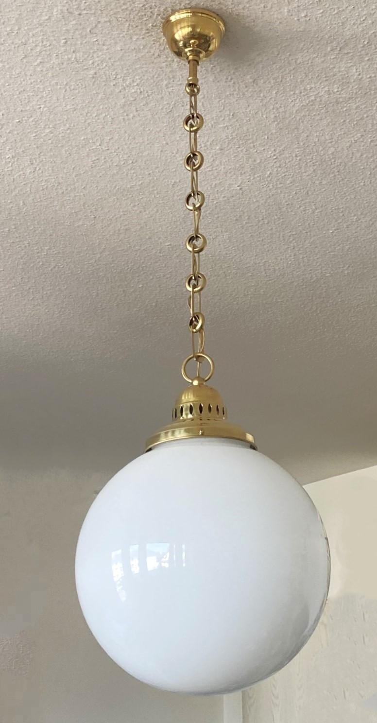 Large French Country House Brass Opaline Glass Pendant, circa 1950s In Good Condition For Sale In Frankfurt am Main, DE