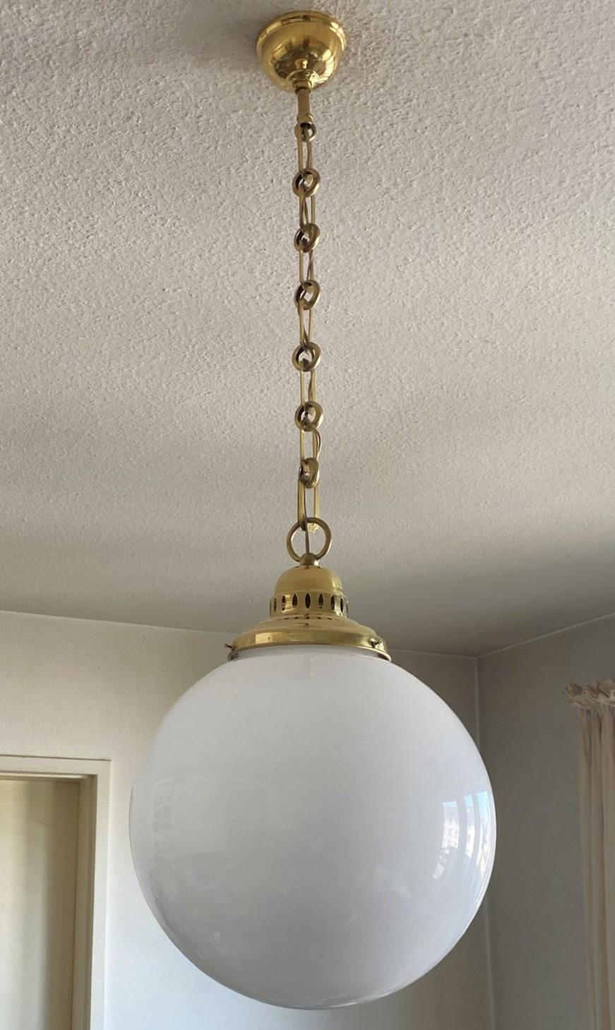20th Century Large French Country House Brass Opaline Glass Pendant, circa 1950s For Sale