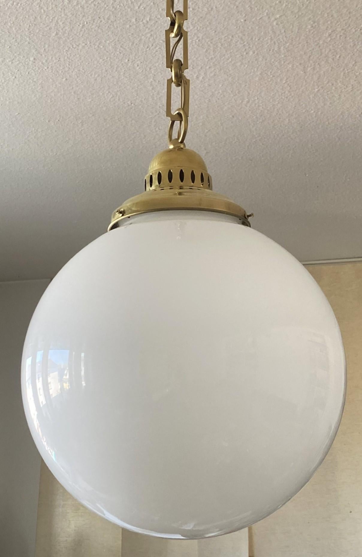 Large French Country House Brass Opaline Glass Pendant, circa 1950s For Sale 2