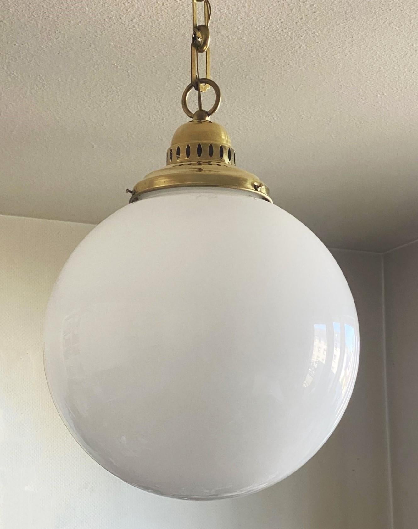 Large French Country House Brass Opaline Glass Pendant, circa 1950s For Sale 3