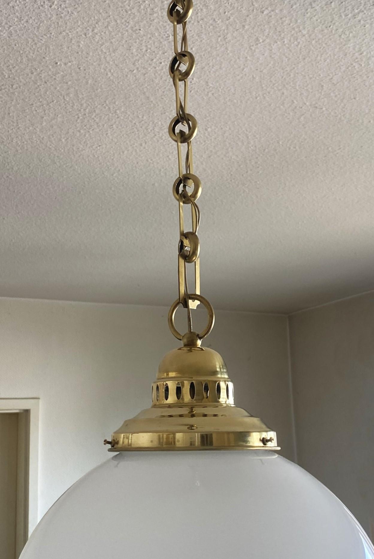 Large French Country House Brass Opaline Glass Pendant, circa 1950s For Sale 4