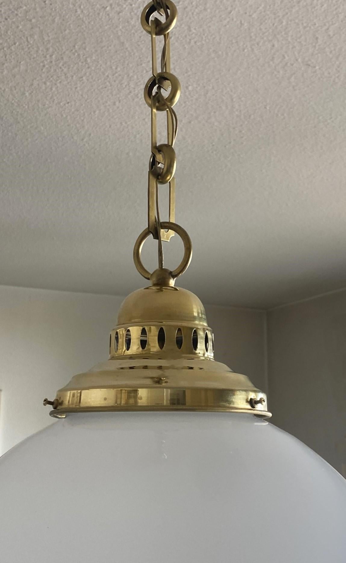 Large French Country House Brass Opaline Glass Pendant, circa 1950s For Sale 5
