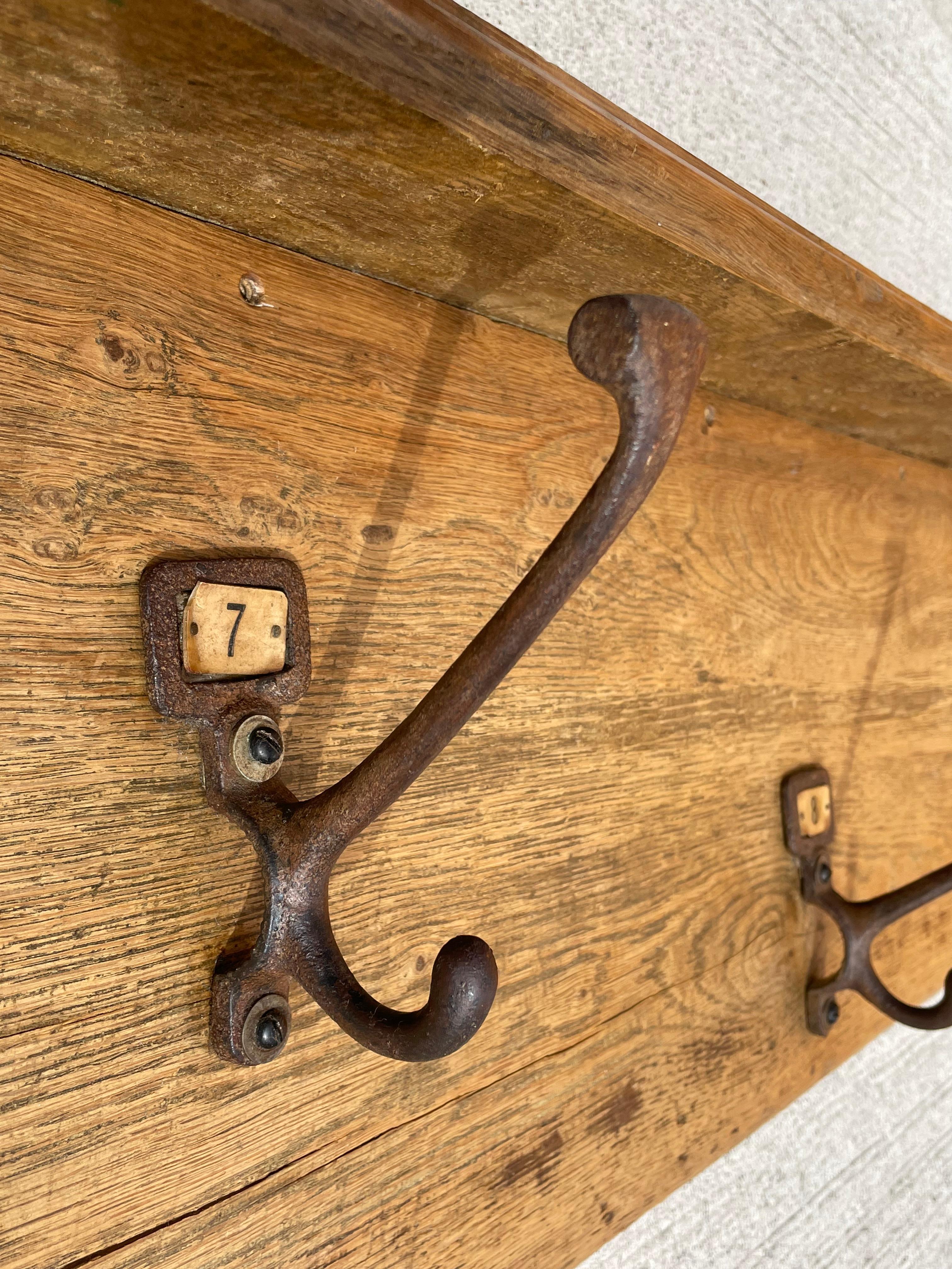 19th Century Large Old Victorian School Oak & Cast Iron Coat Hooks - Coat Stand For Sale