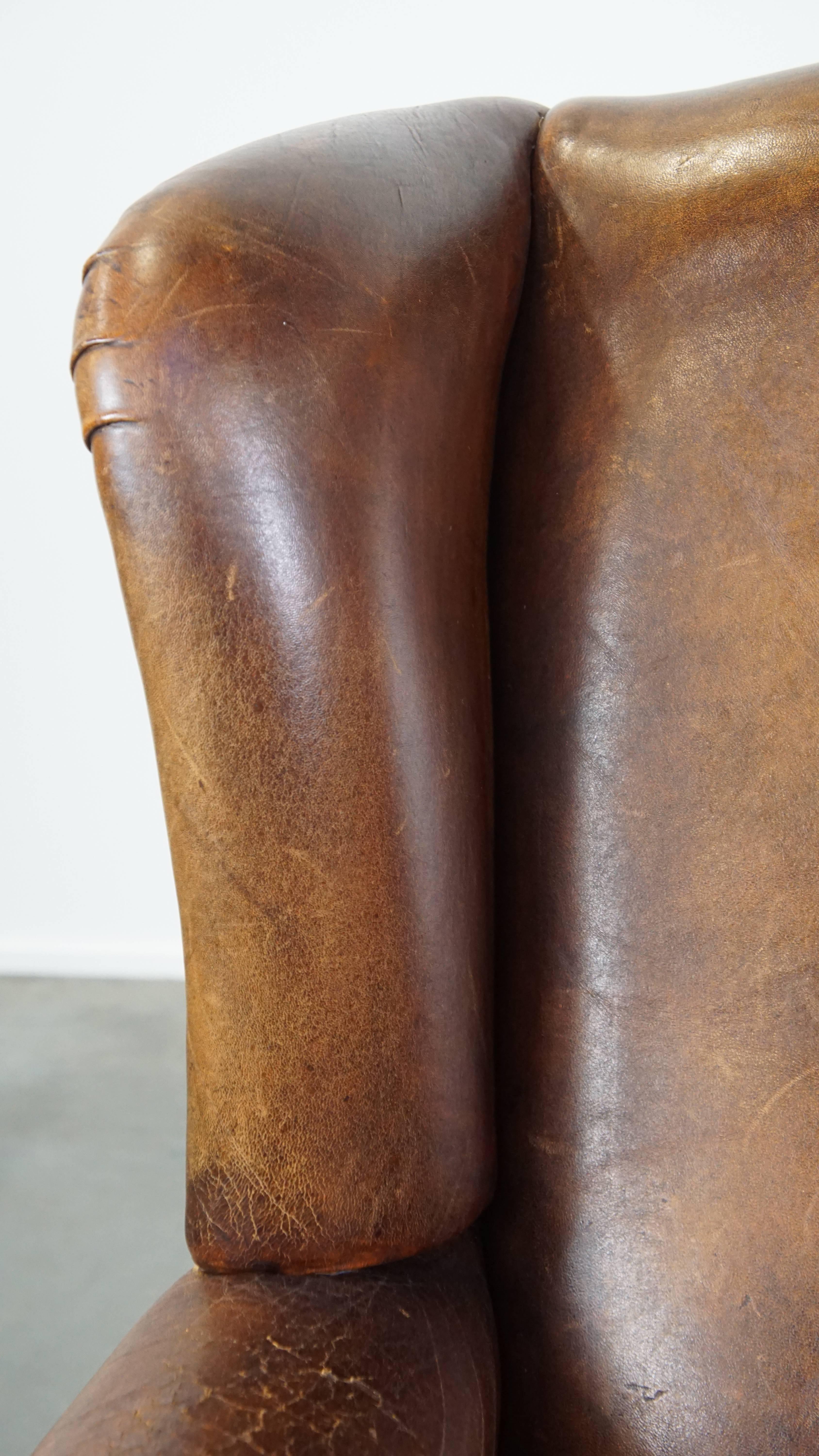 Large Vintage English-Style Sheepskin Leather Wingback Armchair For Sale 6
