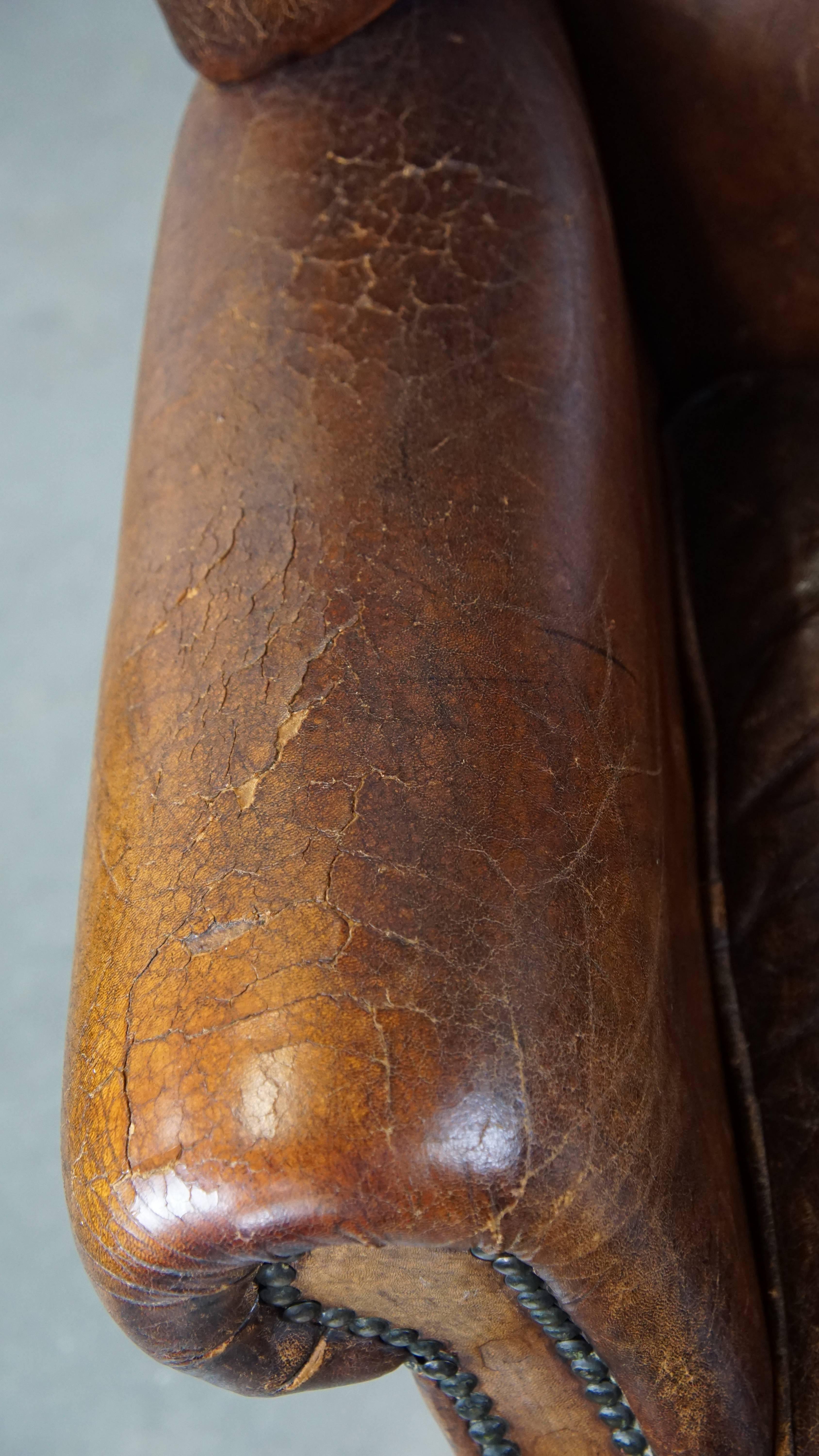 Large Vintage English-Style Sheepskin Leather Wingback Armchair For Sale 7