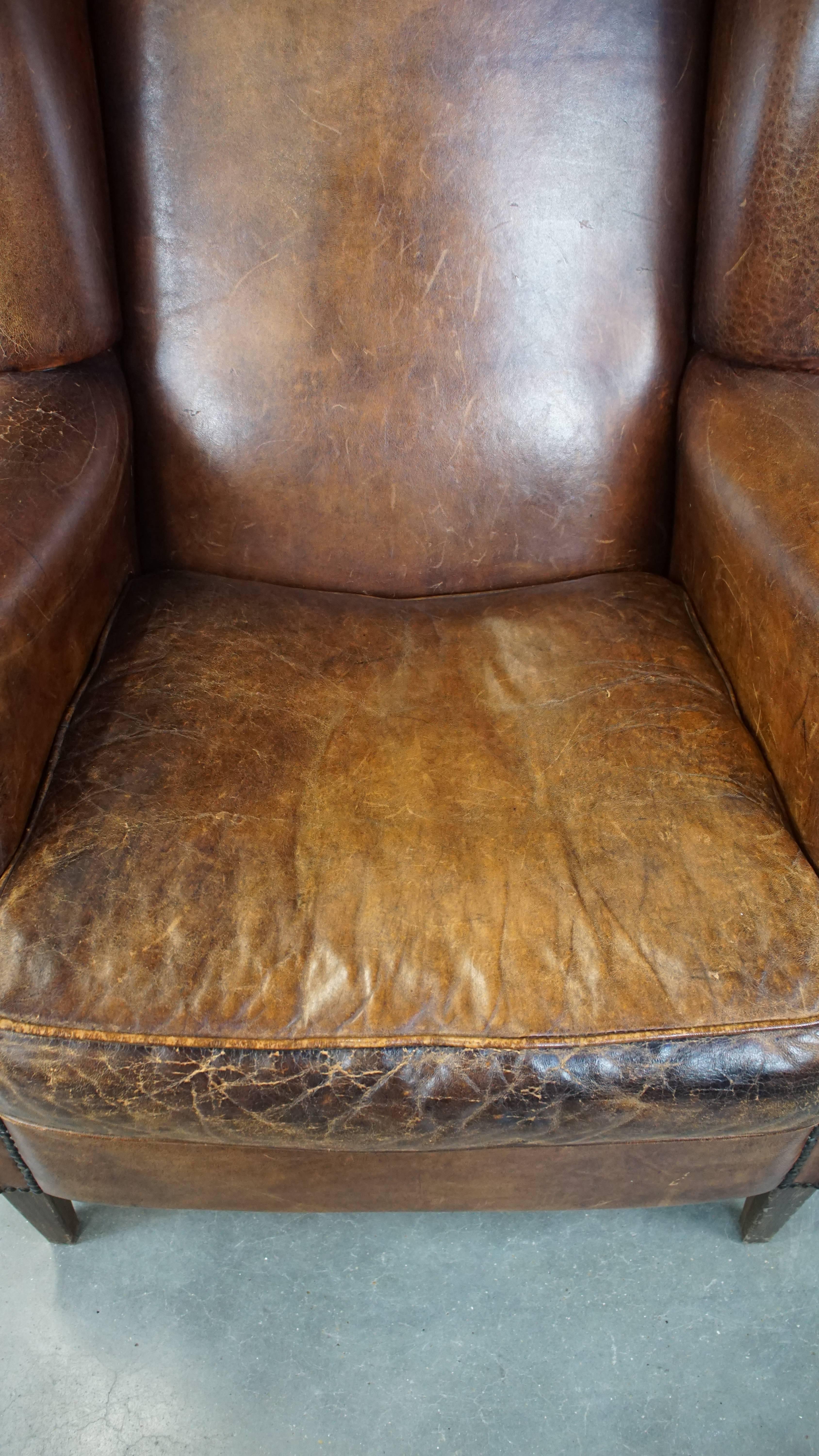 Large Vintage English-Style Sheepskin Leather Wingback Armchair For Sale 2