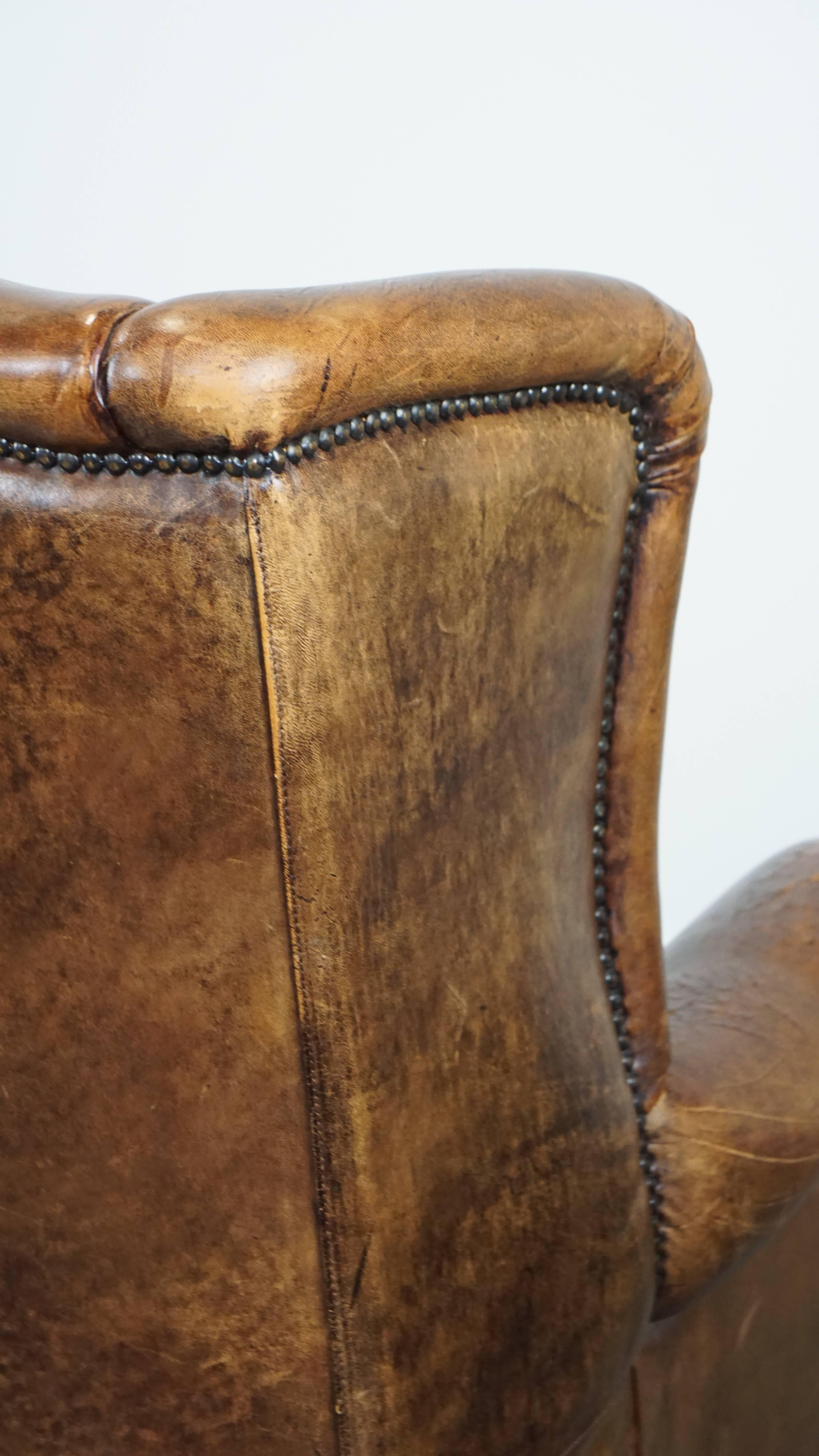 Large Vintage English-Style Sheepskin Leather Wingback Armchair For Sale 4