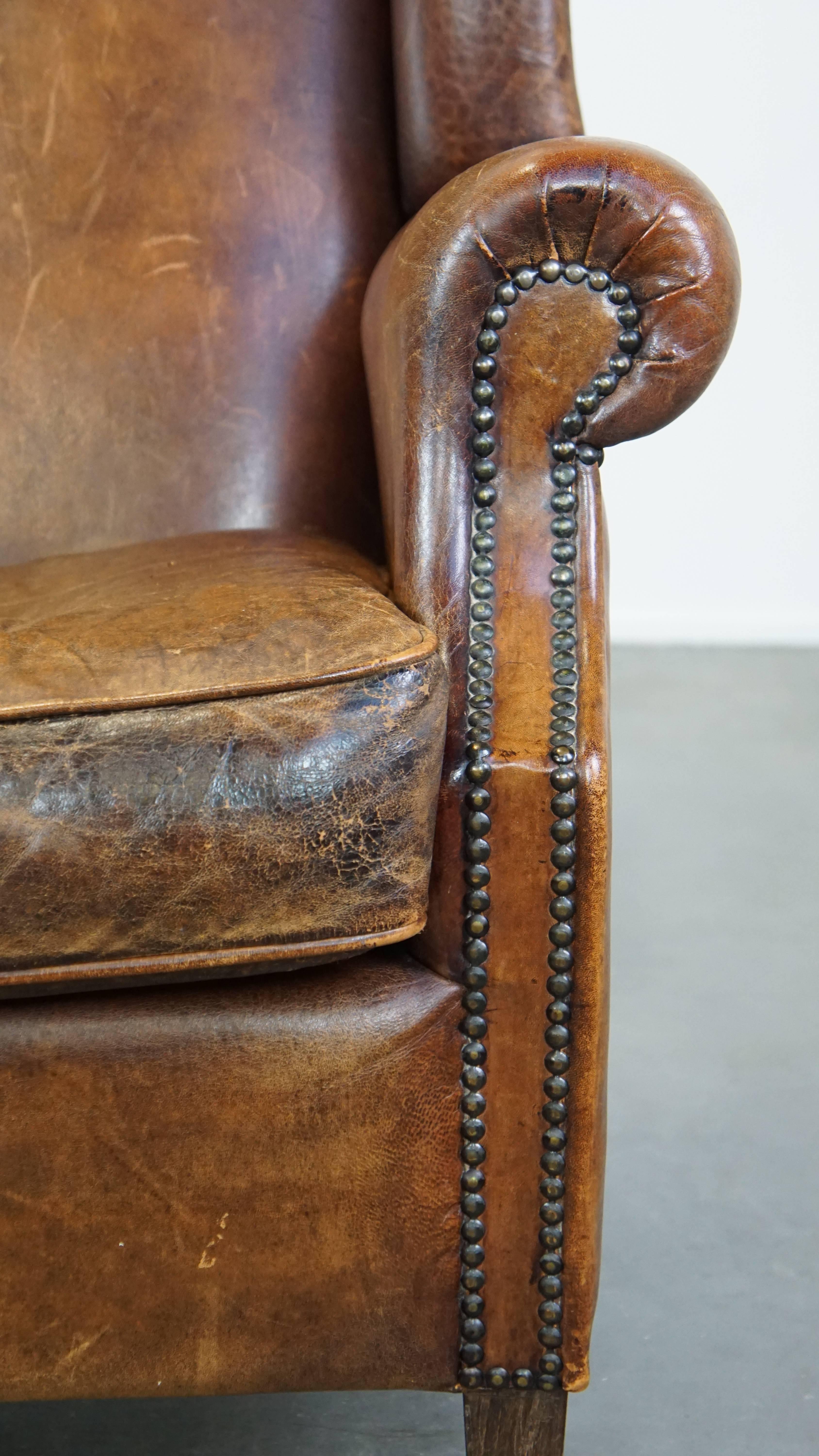 Large Vintage English-Style Sheepskin Leather Wingback Armchair For Sale 5