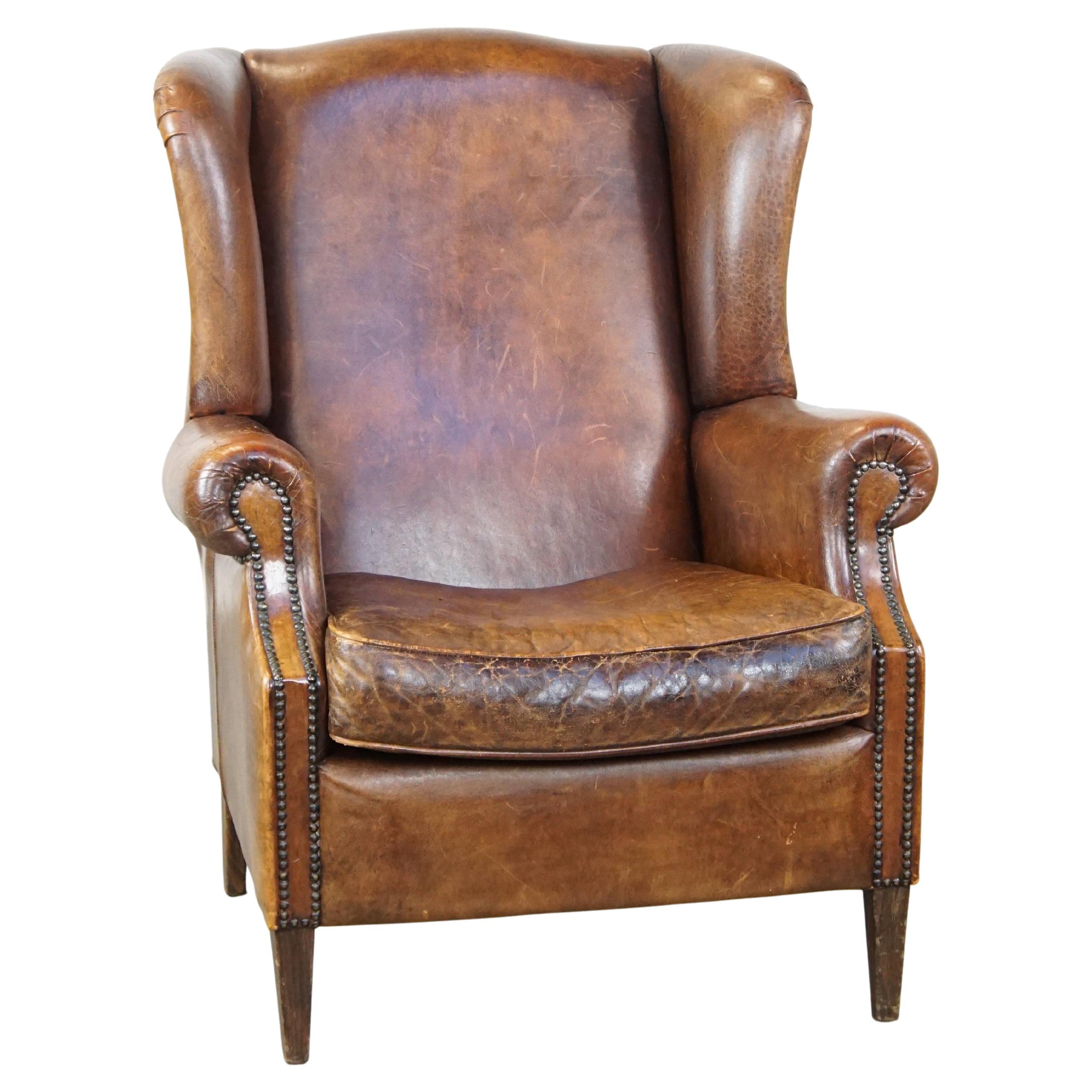 Large Vintage English-Style Sheepskin Leather Wingback Armchair