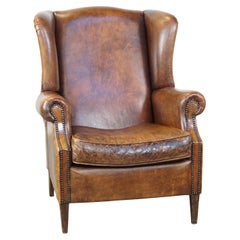 Large Vintage English-Style Sheepskin Leather Wingback Armchair