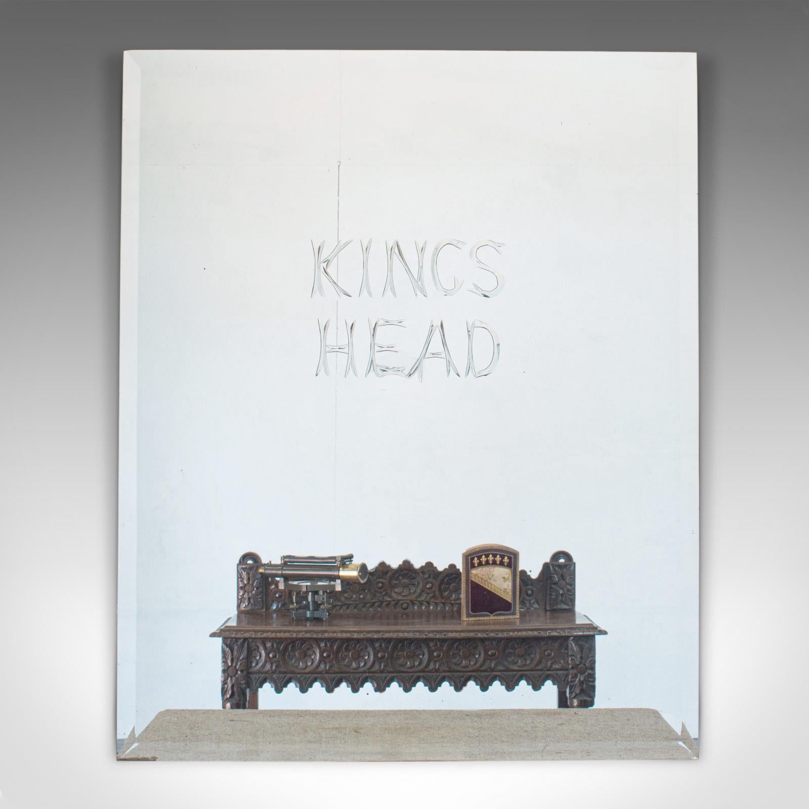 This is a large, vintage etched mirror. An English, glass mirror plate for a Kings Head public house, dating to the late 20th century, circa 1970.

Fascinating etched glass mirror
Displays a desirable aged patina
Glass plate in good original