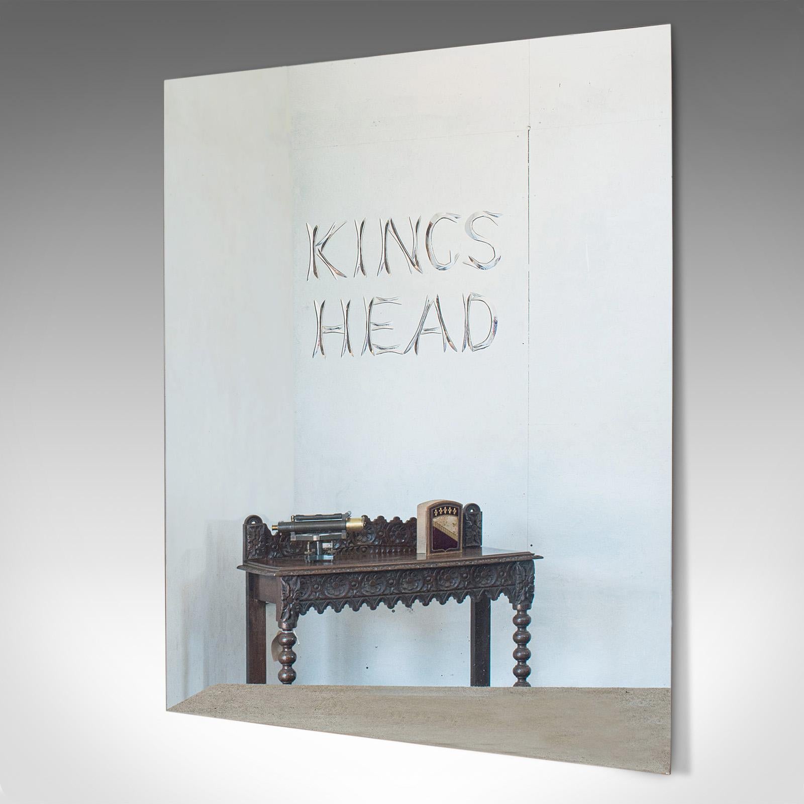 Mid-Century Modern Large Vintage Etched Mirror, English, Glass, Kings Head, Public House, 1970