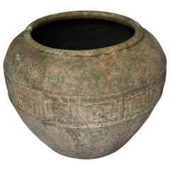 Large Vintage Faux Finished Clay Planter Vessel with Greek Key Relief Design