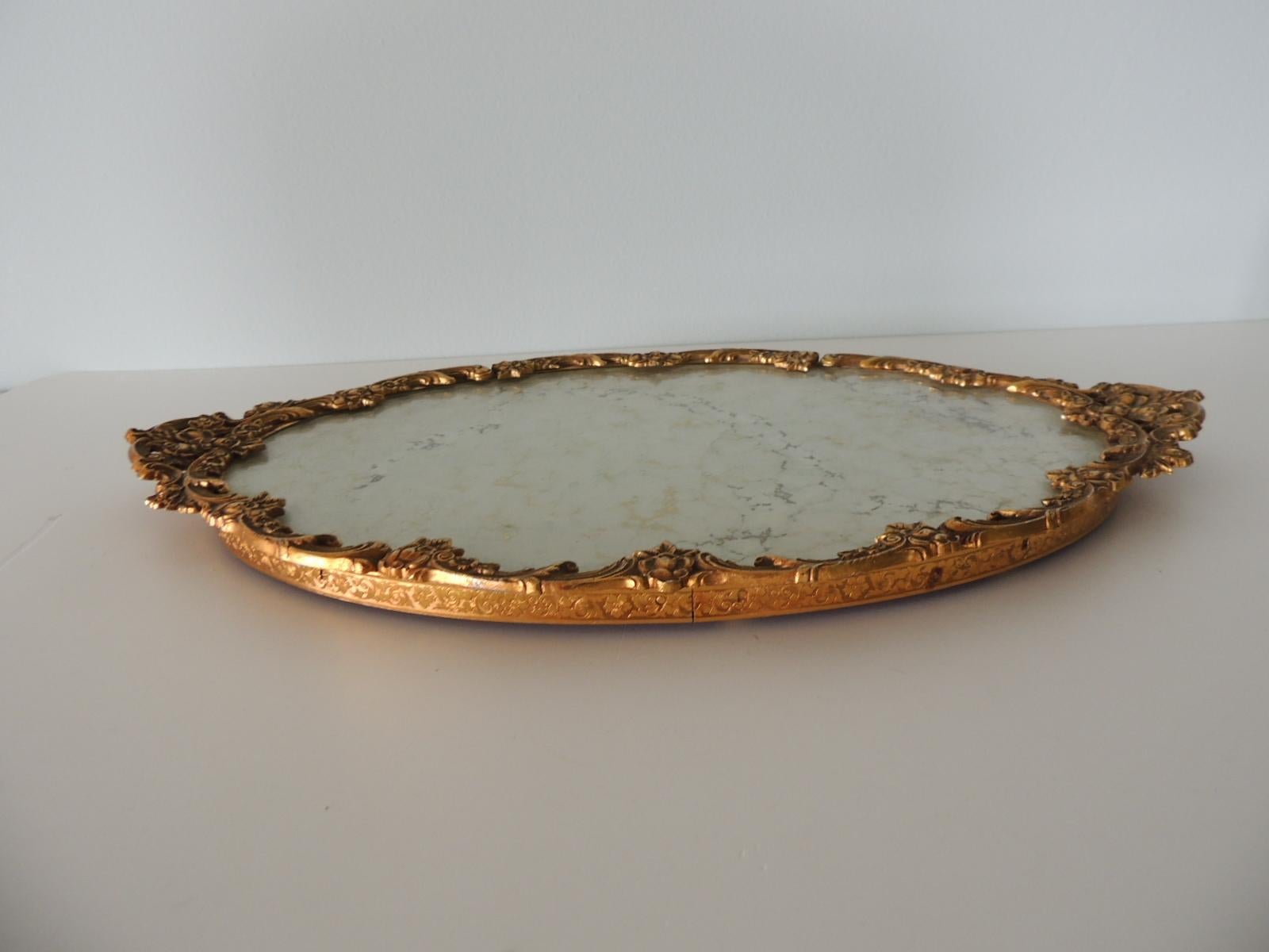 French Large Vintage Filigree Gold Frame Decorative Oval Vanity Tray