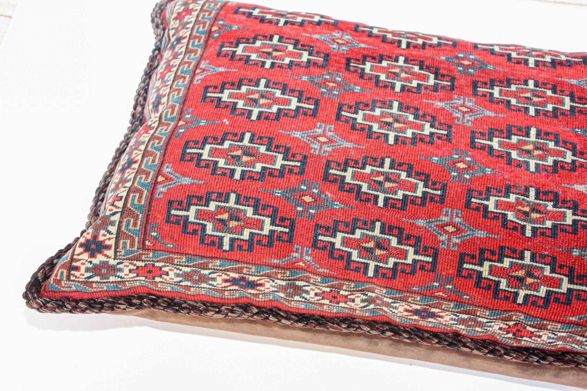 Large Vintage Floor Pillow Handwoven Rug Lumbar Pillow, Turkmen Torba 1950s For Sale 8