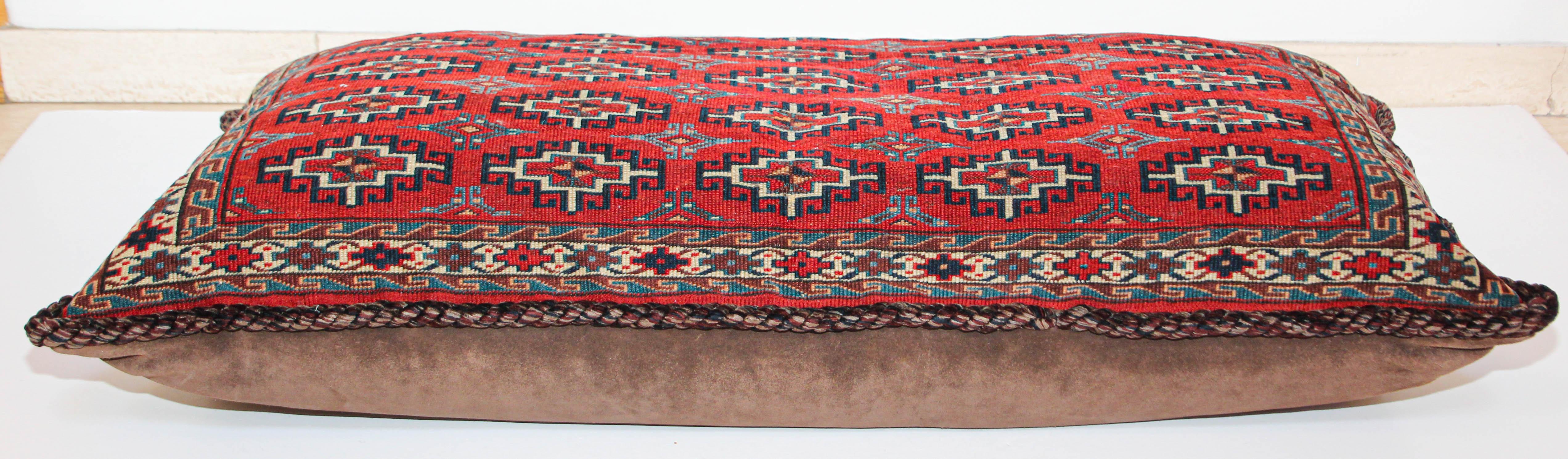 Wool Large Vintage Floor Pillow Handwoven Rug Lumbar Pillow, Turkmen Torba 1950s For Sale