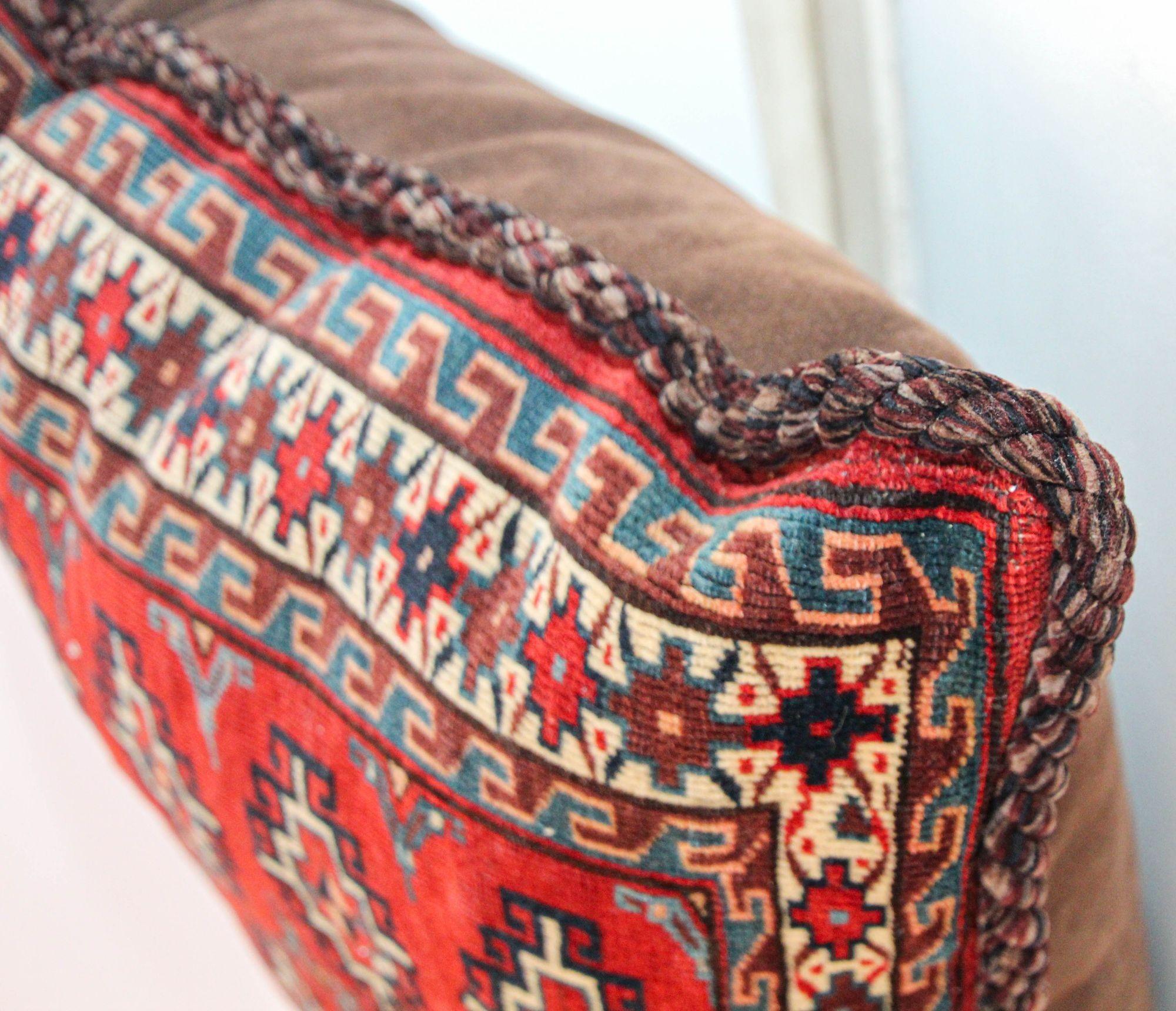Large Vintage Floor Pillow Handwoven Rug Lumbar Pillow, Turkmen Torba 1950s For Sale 1