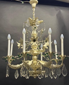Large Vintage Floral Chandelier, Italian Toleware Carved Wood & Crystal, 1950s
